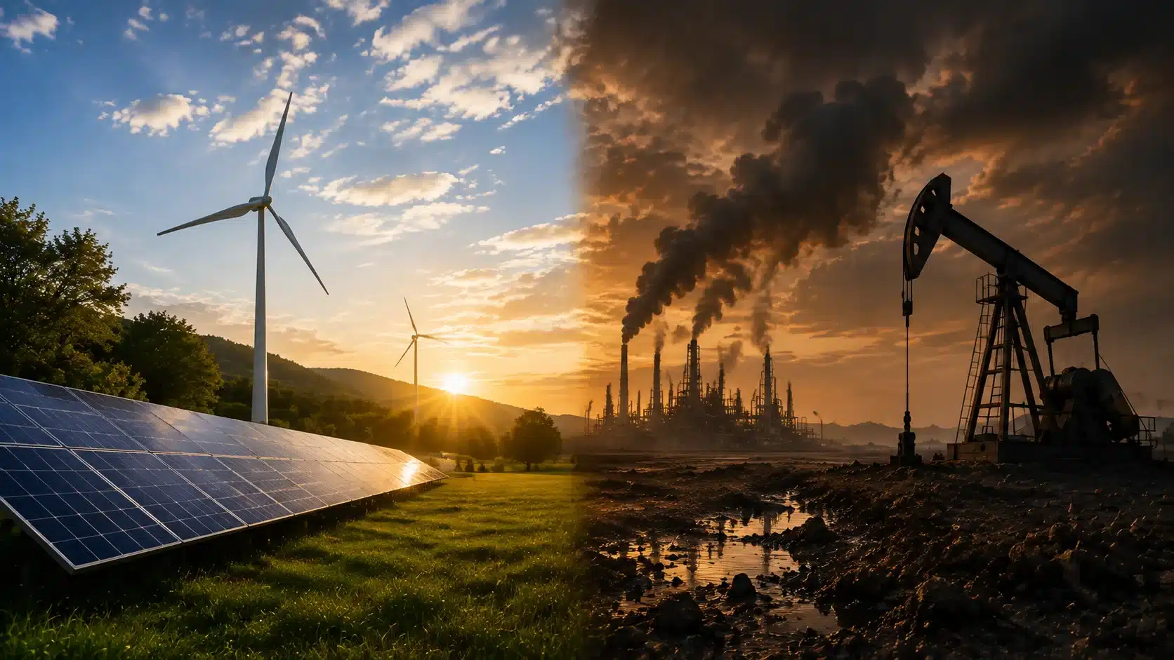 Renewable solar and wind energy landscape contrasted with oil drilling and industrial fossil fuel production showing the difference between clean and nonrenewable energy sources