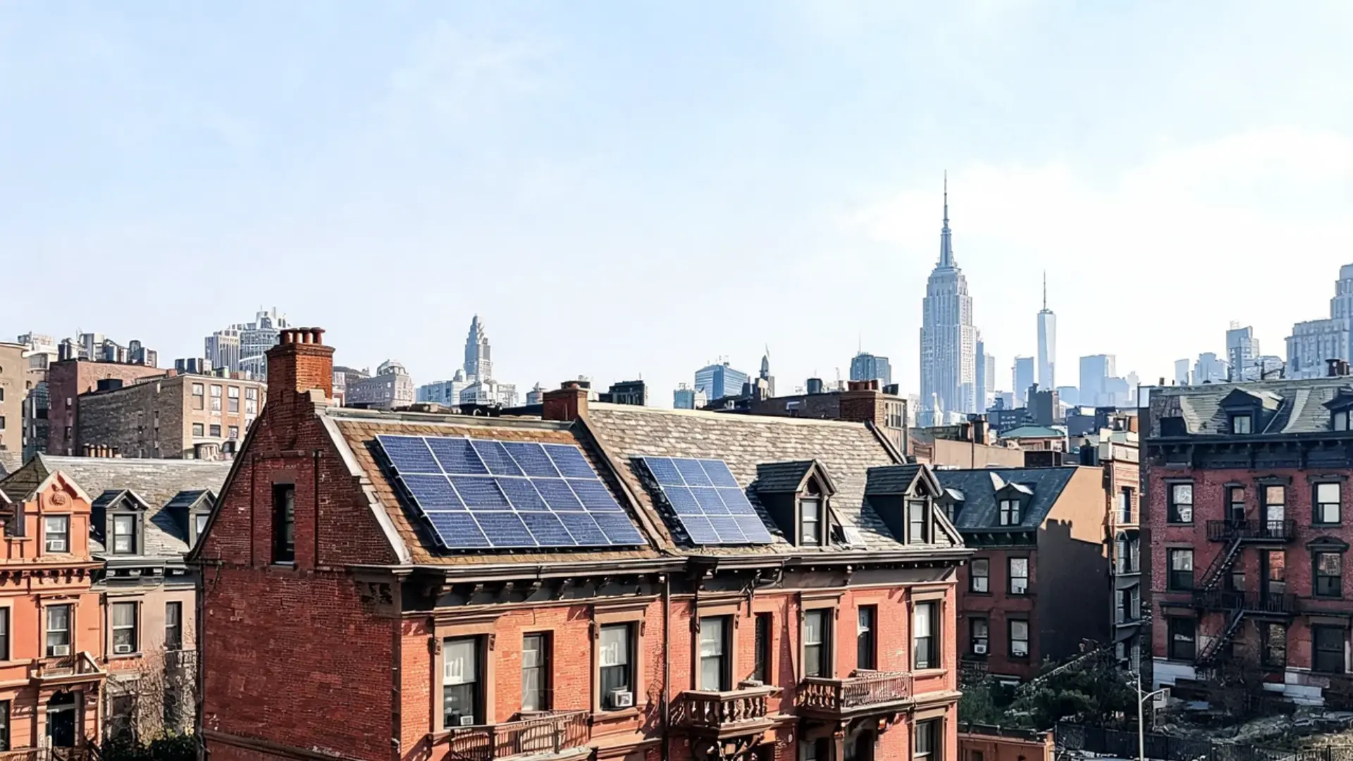 New York home with rooftop solar panels and city skyline showing residential solar energy incentives
