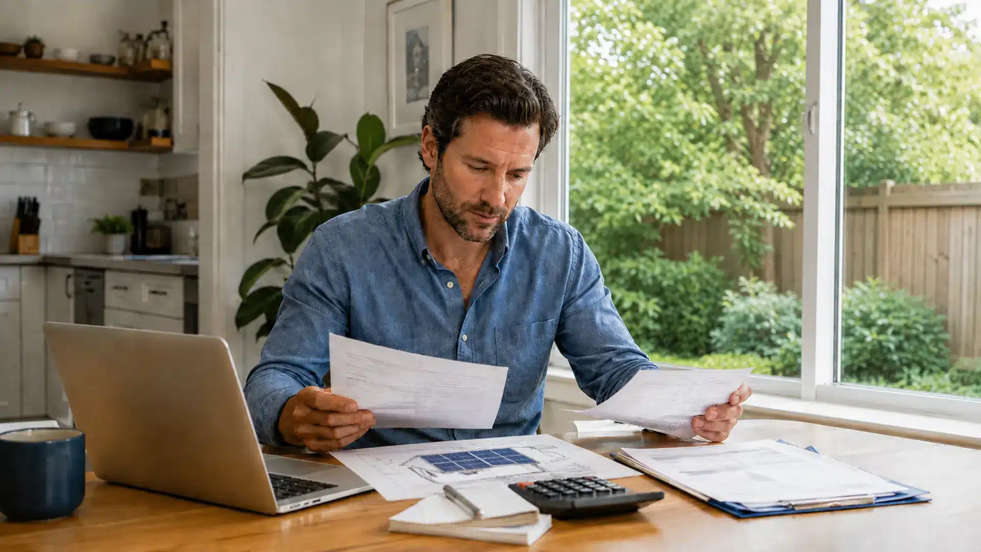Homeowner reviewing solar tax benefit papers with a laptop calculator and solar system plan