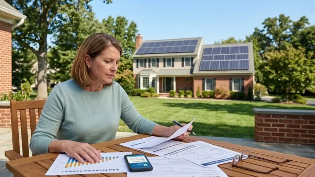 Pennsylvania home with rooftop solar panels and utility savings documents on a table