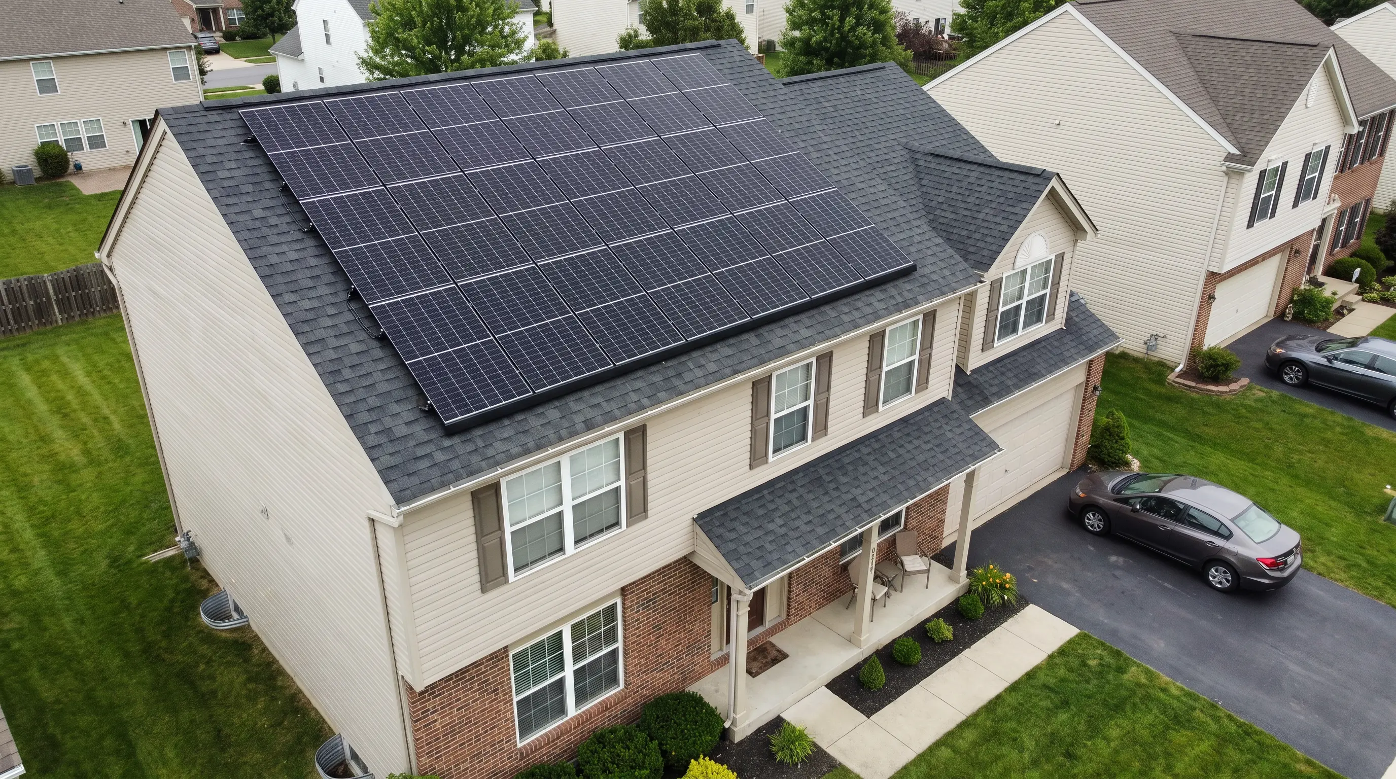 Black solar panels installed in a practical grid across the roof of a standard suburban home.