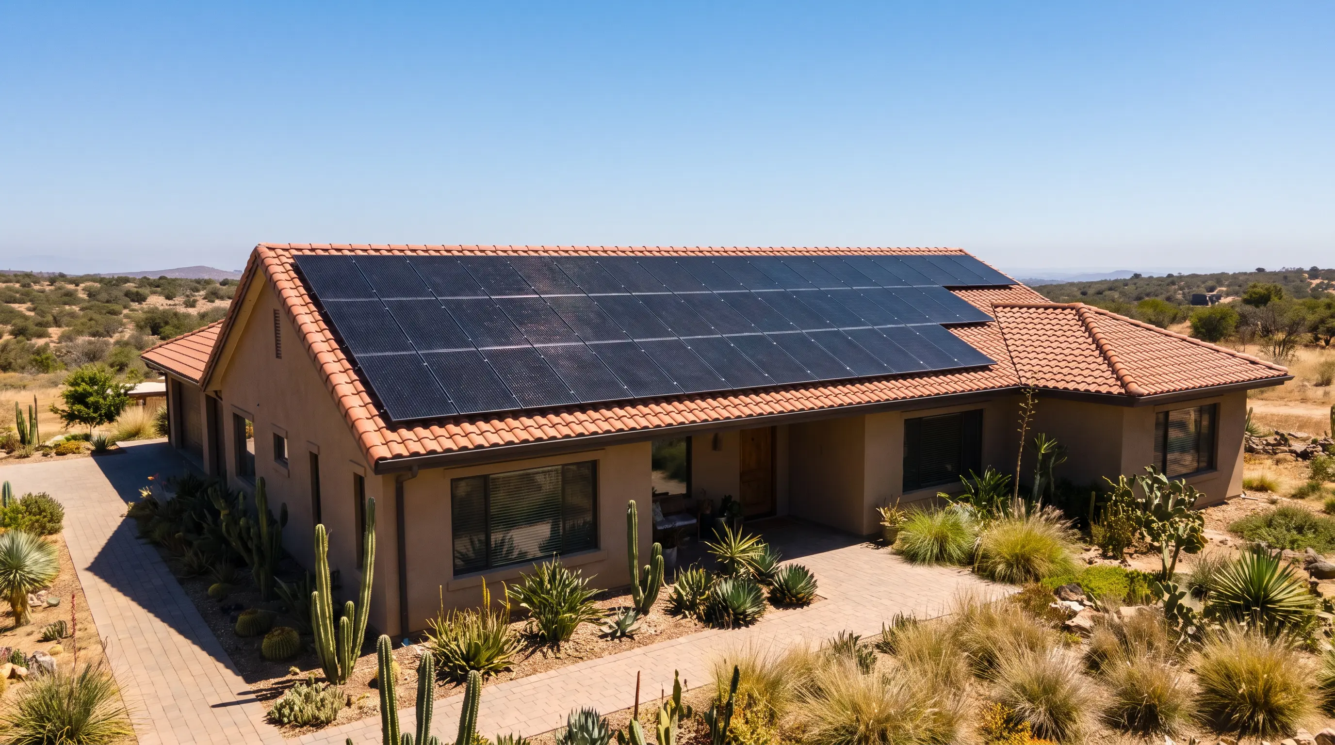 All-black solar panels installed on a modern residential roof in a hot and sunny climate.