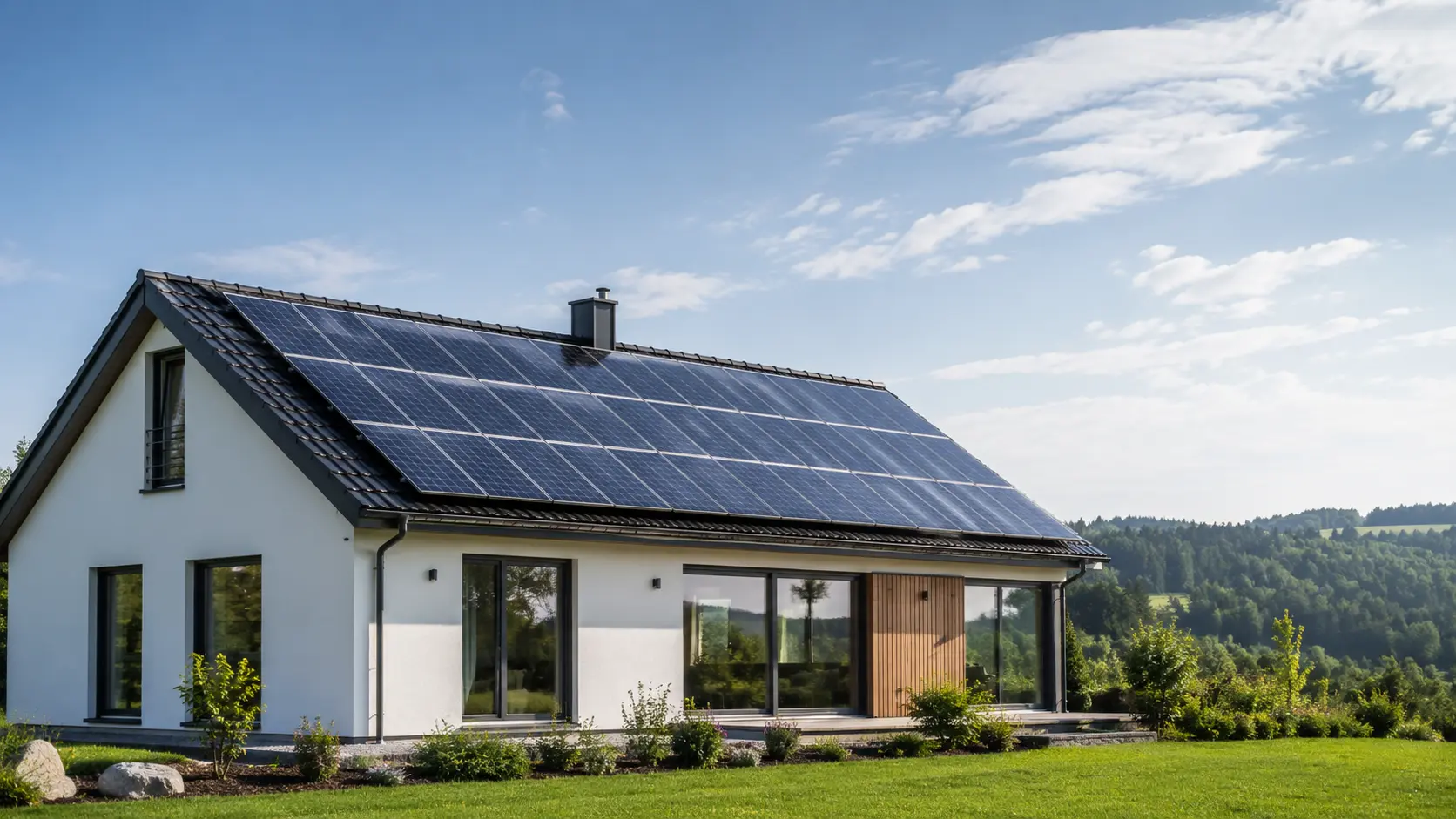 Modern white house with solar panels installed on its roof surrounded by a green lawn and trees