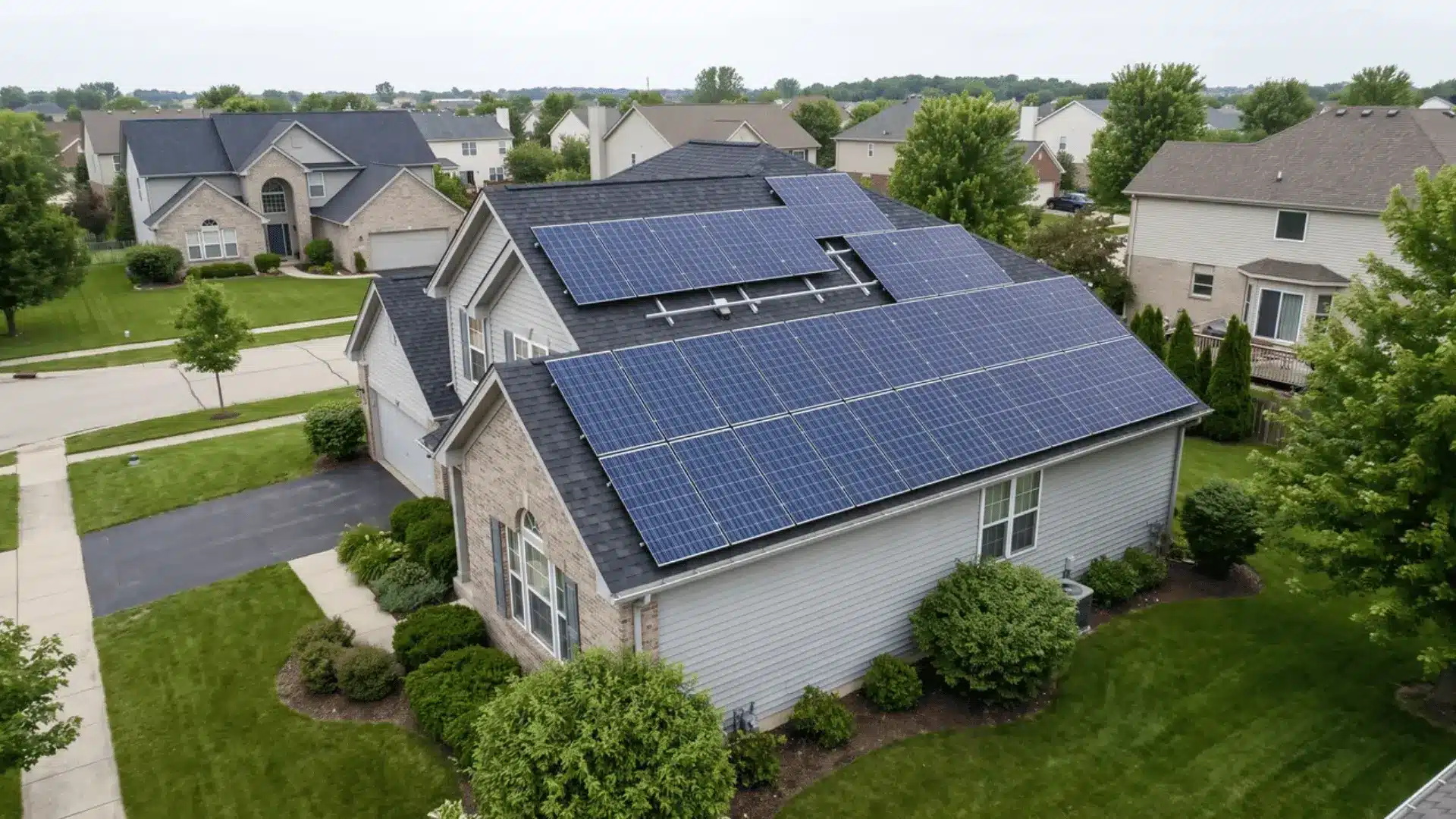 Rooftop solar panel array installed across the sloped asphalt-shingle roof of a residential home