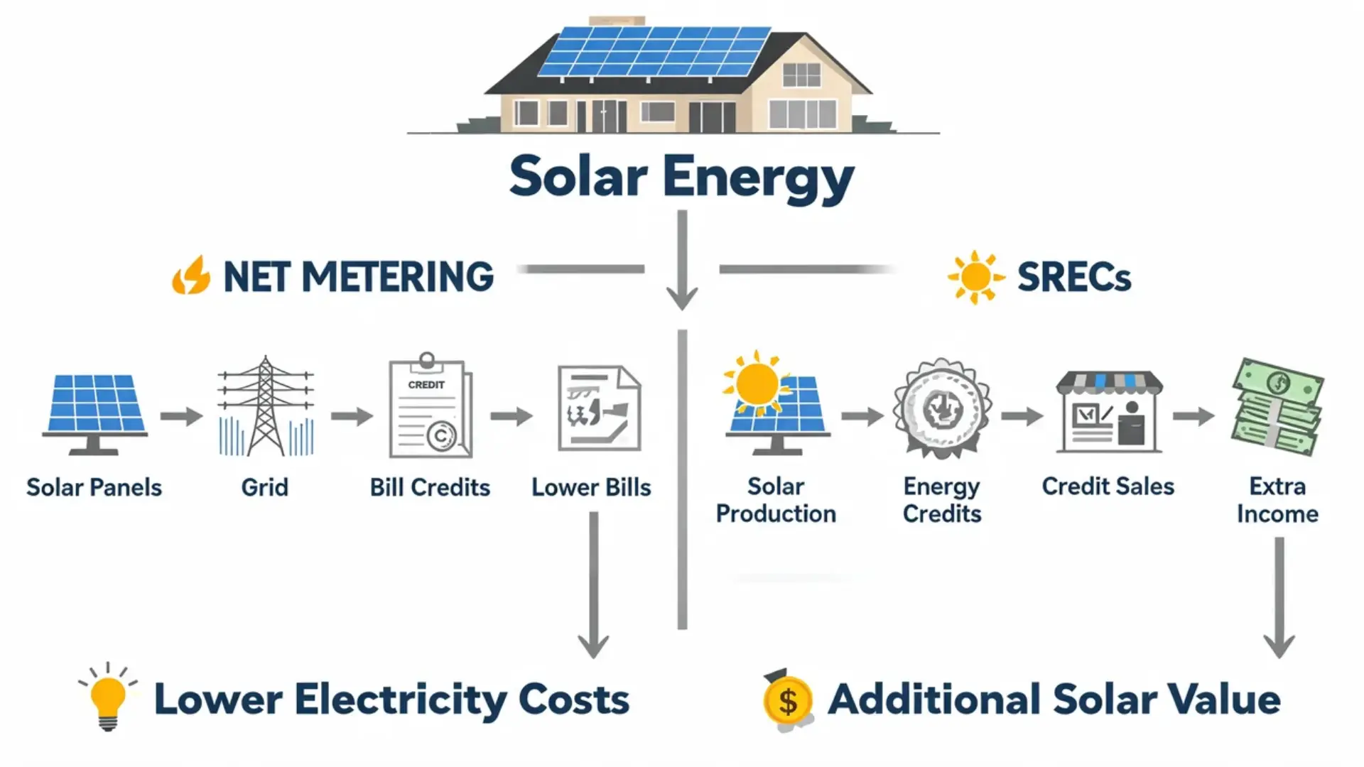 Solar energy diagram showing net metering srecs and savings benefits from residential solar systems