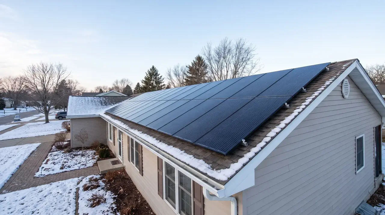 Solar panels on a rooftop with snow on the ground under a clear winter sky