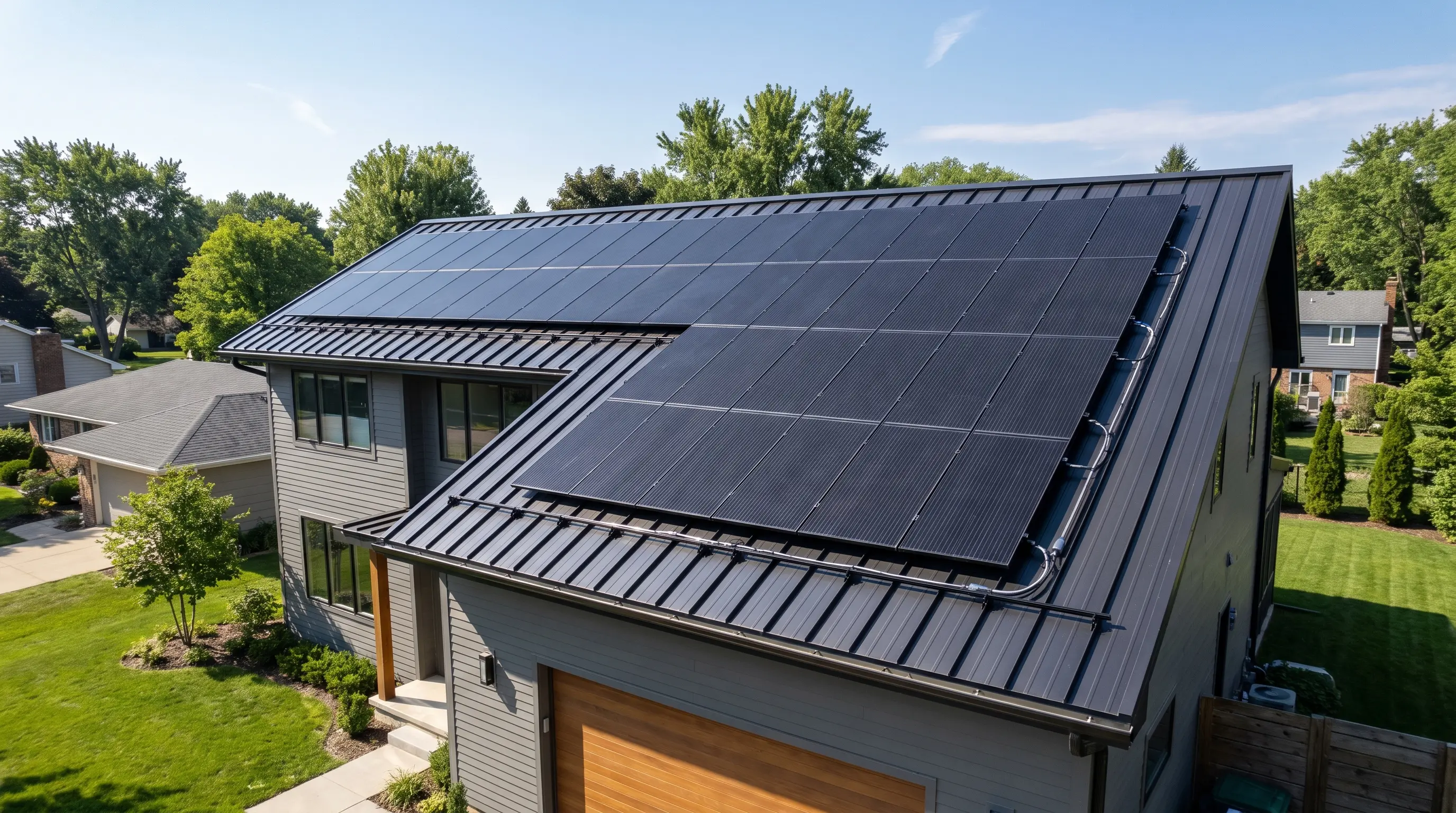 Neatly aligned black solar panels covering the roof of a contemporary American home.