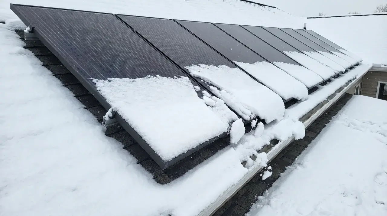 Tilted solar panels partially covered in snow with snow sliding off the angled glass