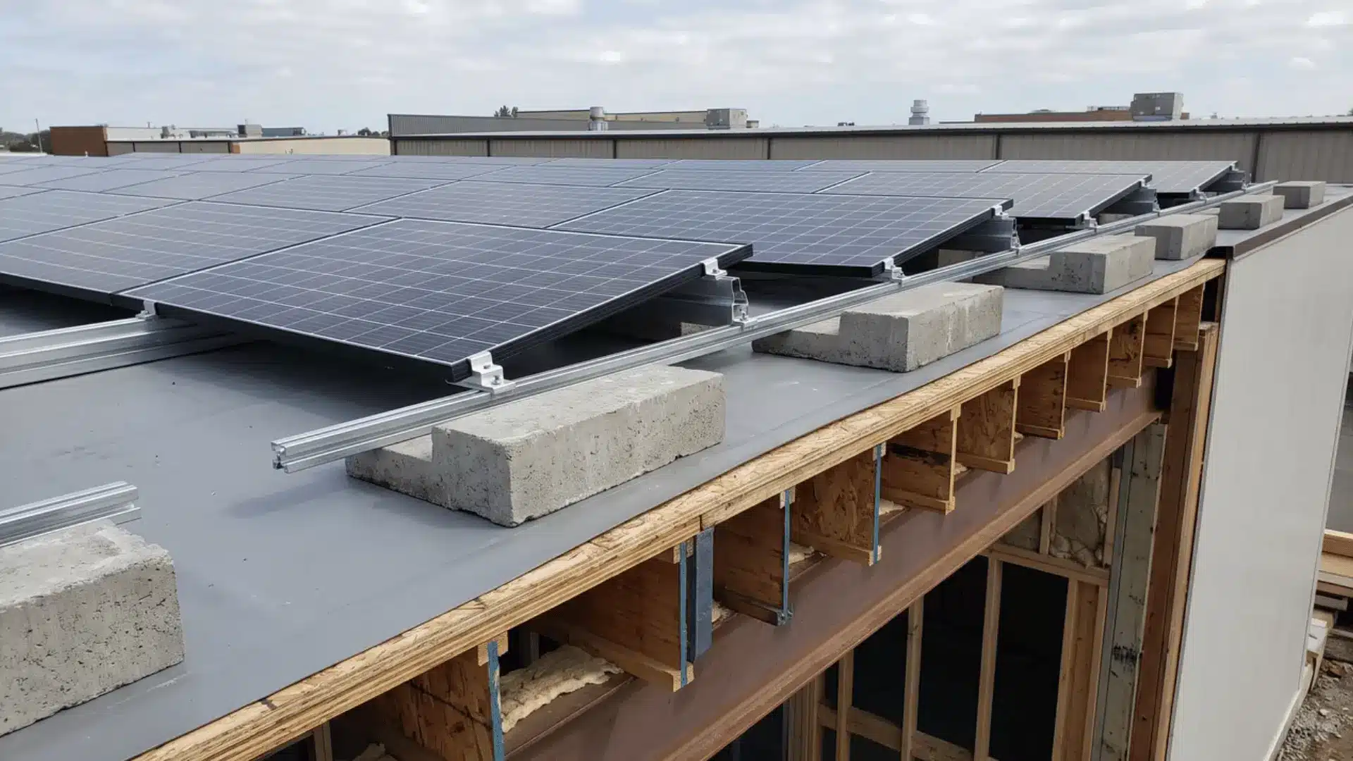 Solar panels with concrete ballast blocks installed above exposed roof framing