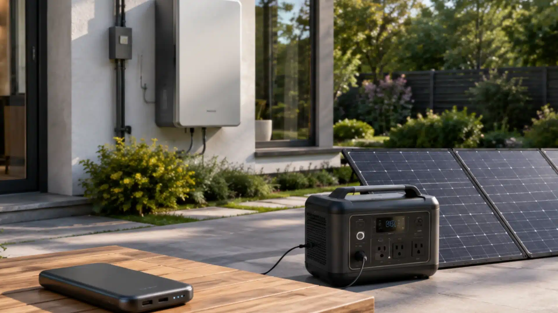 Portable power station, solar power bank, and home battery shown in a sunny backyard