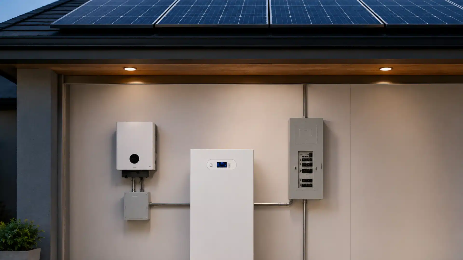 Home battery storage system beneath rooftop solar panels on a modern house exterior