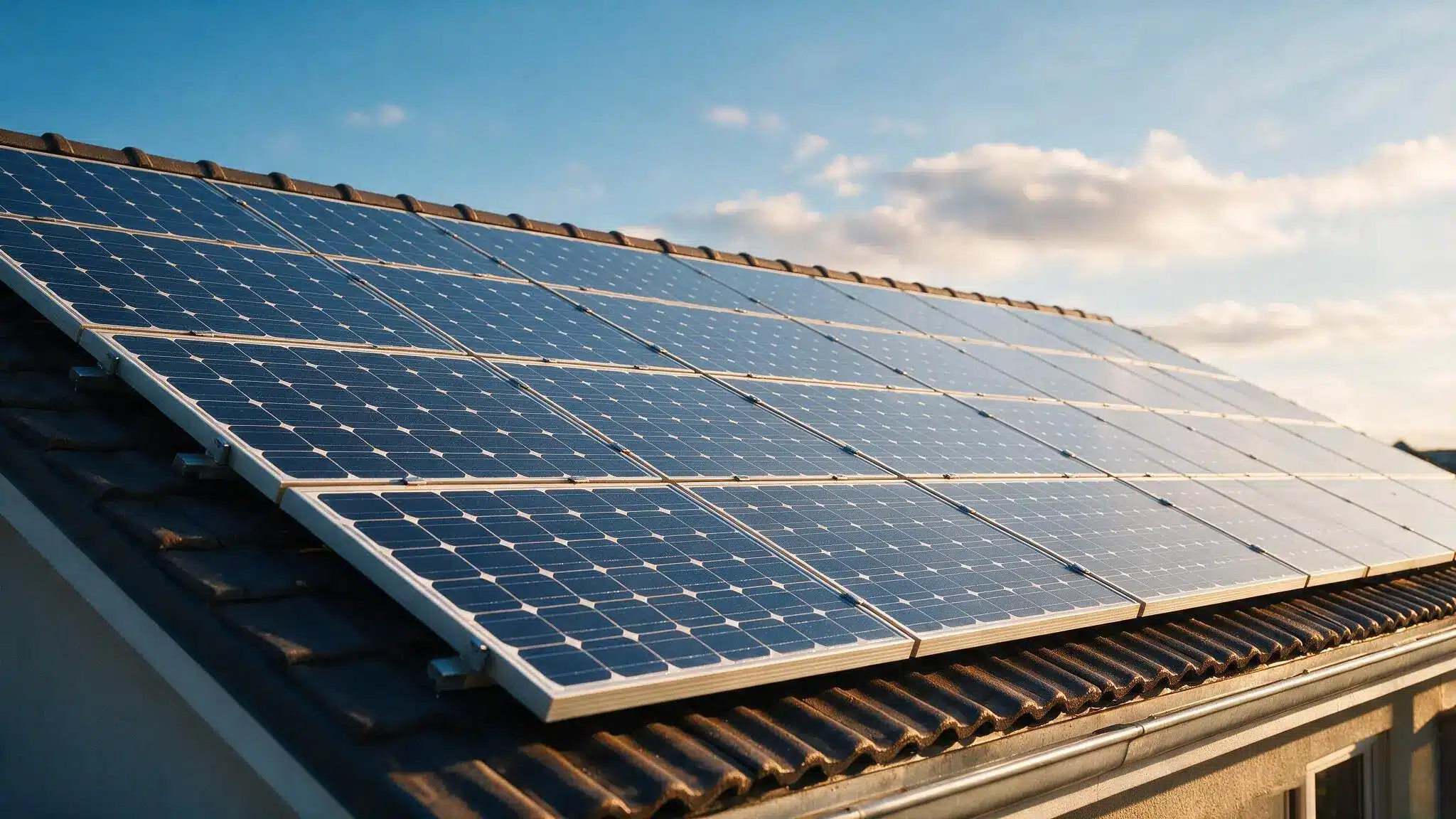 Solar panels installed on a residential roof under a clear blue sky