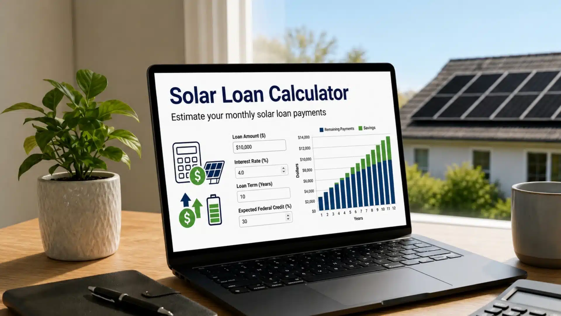 Laptop displaying solar loan calculator results next to a calculator and coffee on a desk