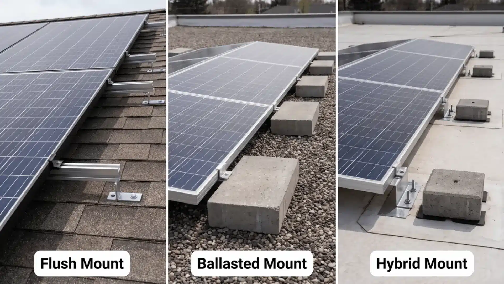 Solar panels showing flush, ballasted, and hybrid mounting systems on sloped and flat roofs