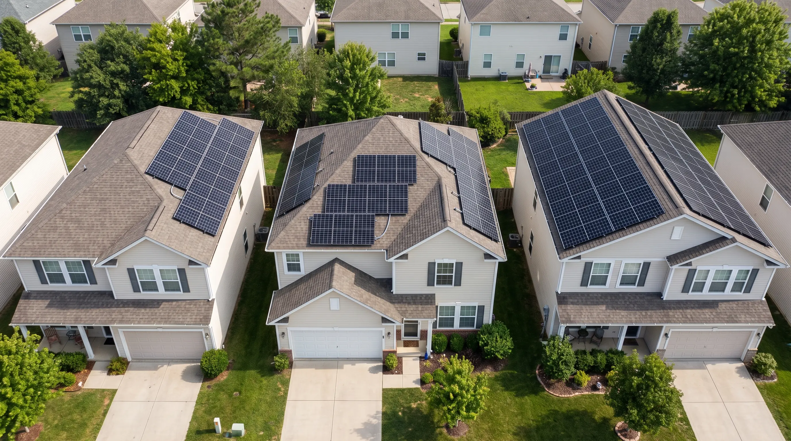 Three homes with different rooftop solar array sizes based on yearly electricity use