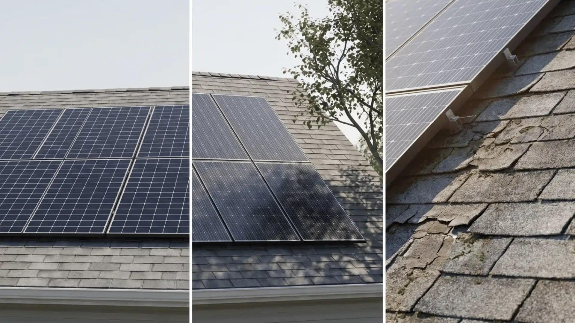 Three vertical views show a clear solar roof, partial tree shade, and panels above aged asphalt shingles