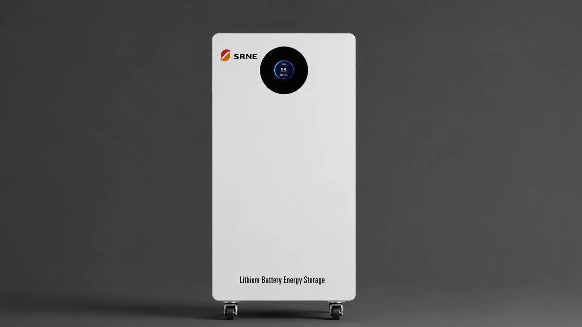 SRNE lithium battery energy storage unit displayed against a dark gray studio background