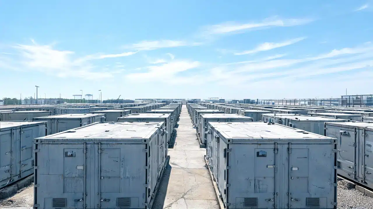 Rows of large gray battery storage containers arranged neatly in an outdoor industrial energy facility