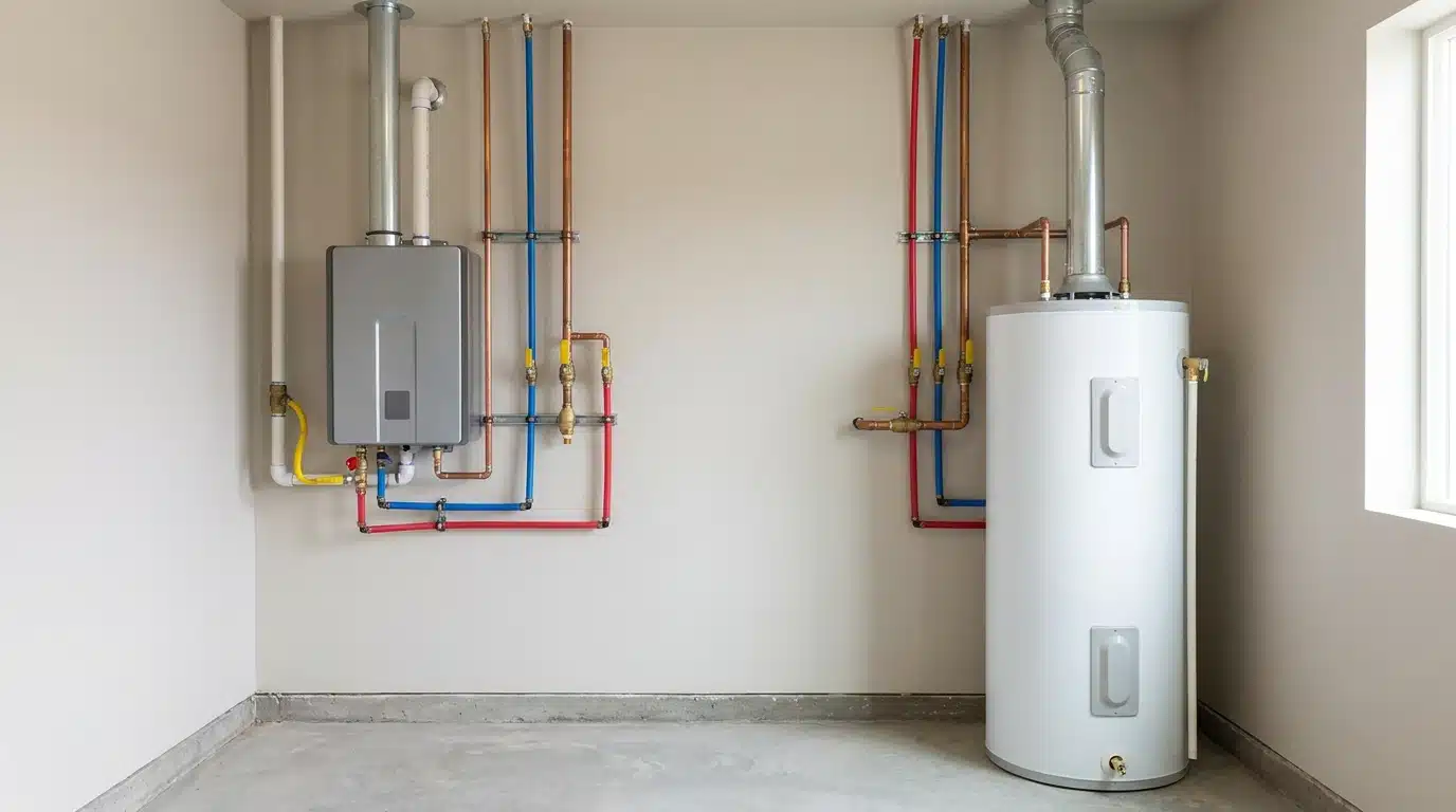 Wall mounted tankless water heater beside a traditional tank model in a clean residential utility room