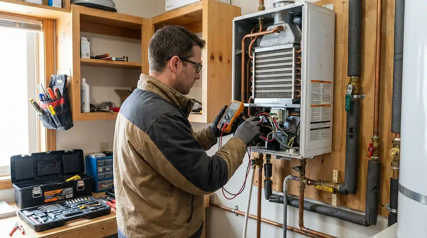 Technician testing wiring inside an open wall mounted tankless water heater with a digital meter