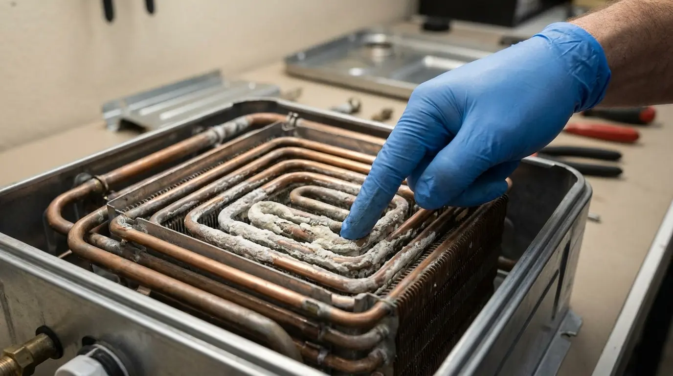 Gloved technician pointing to mineral scale buildup on a tankless water heater heat exchanger