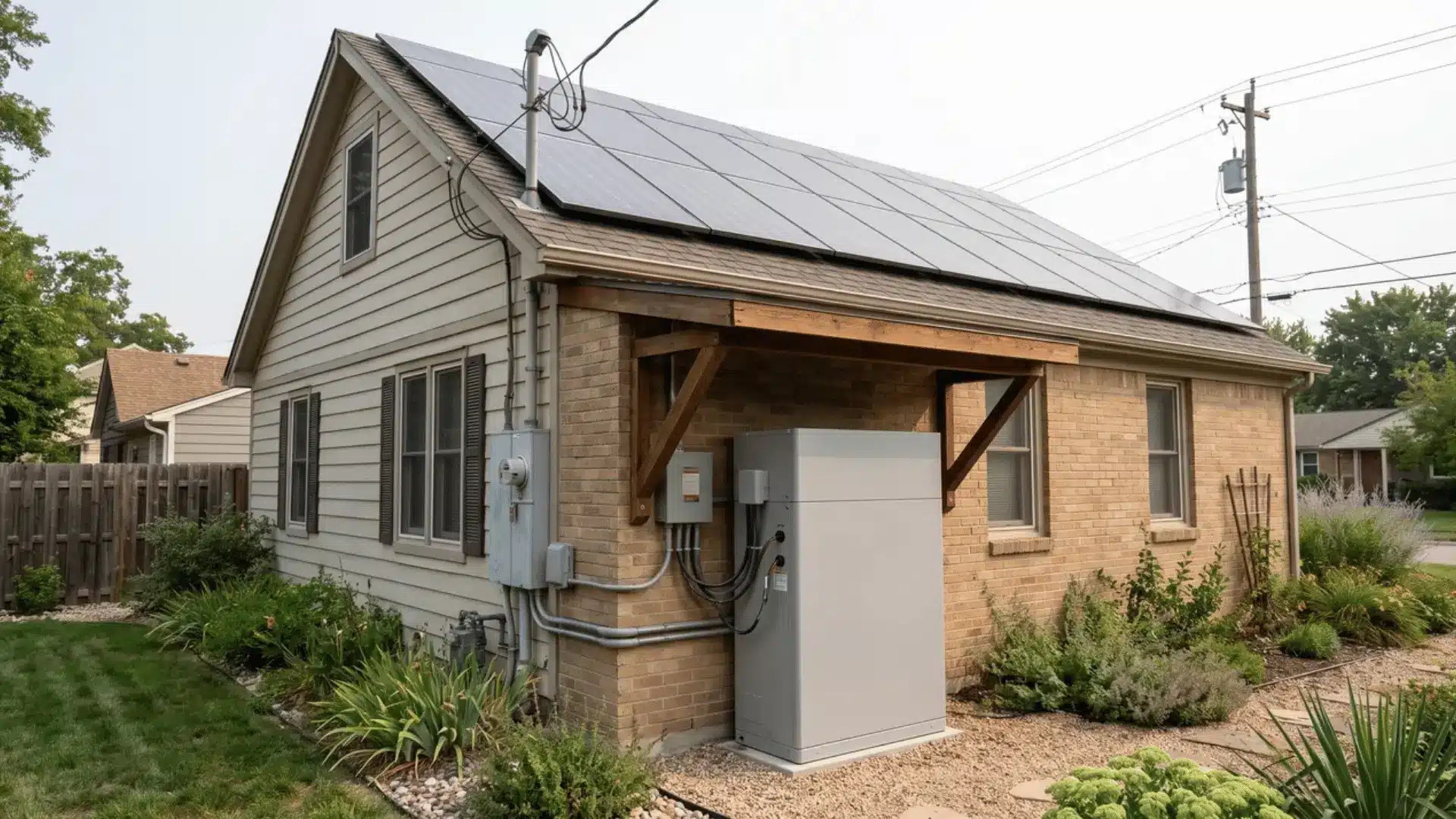 Rooftop solar home with battery storage connected to the electrical system and utility grid