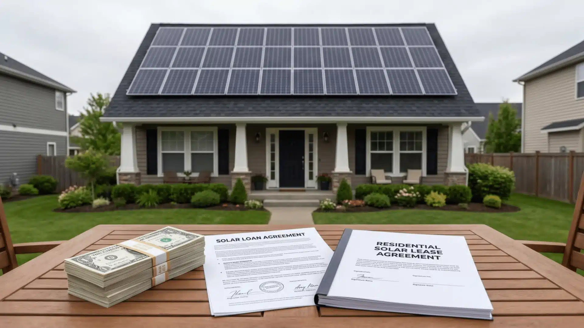 House with rooftop solar panels and cash, loan, and lease documents in the foreground
