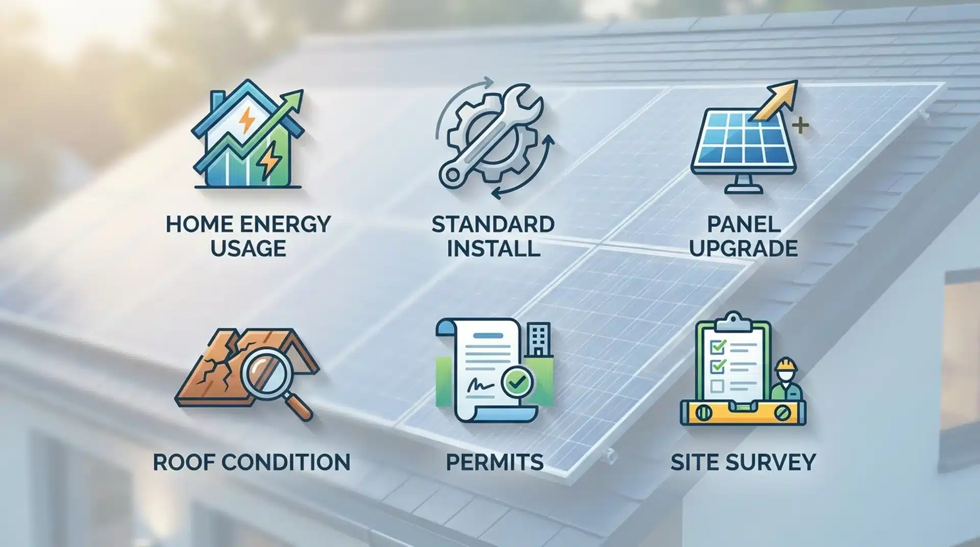 Tesla solar pricing infographic with roof background and icons for cost factors