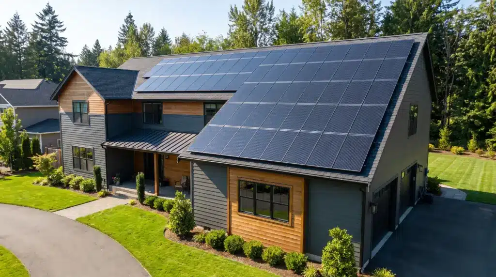 Modern home with high-quality black solar panels installed neatly across its sun-facing roof.