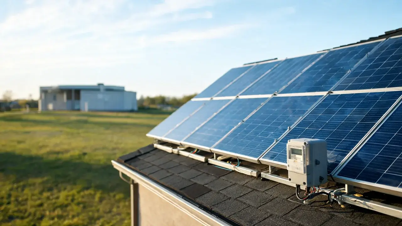 Solar panels installed on a home roof showing clean energy production in a sunny outdoor setting