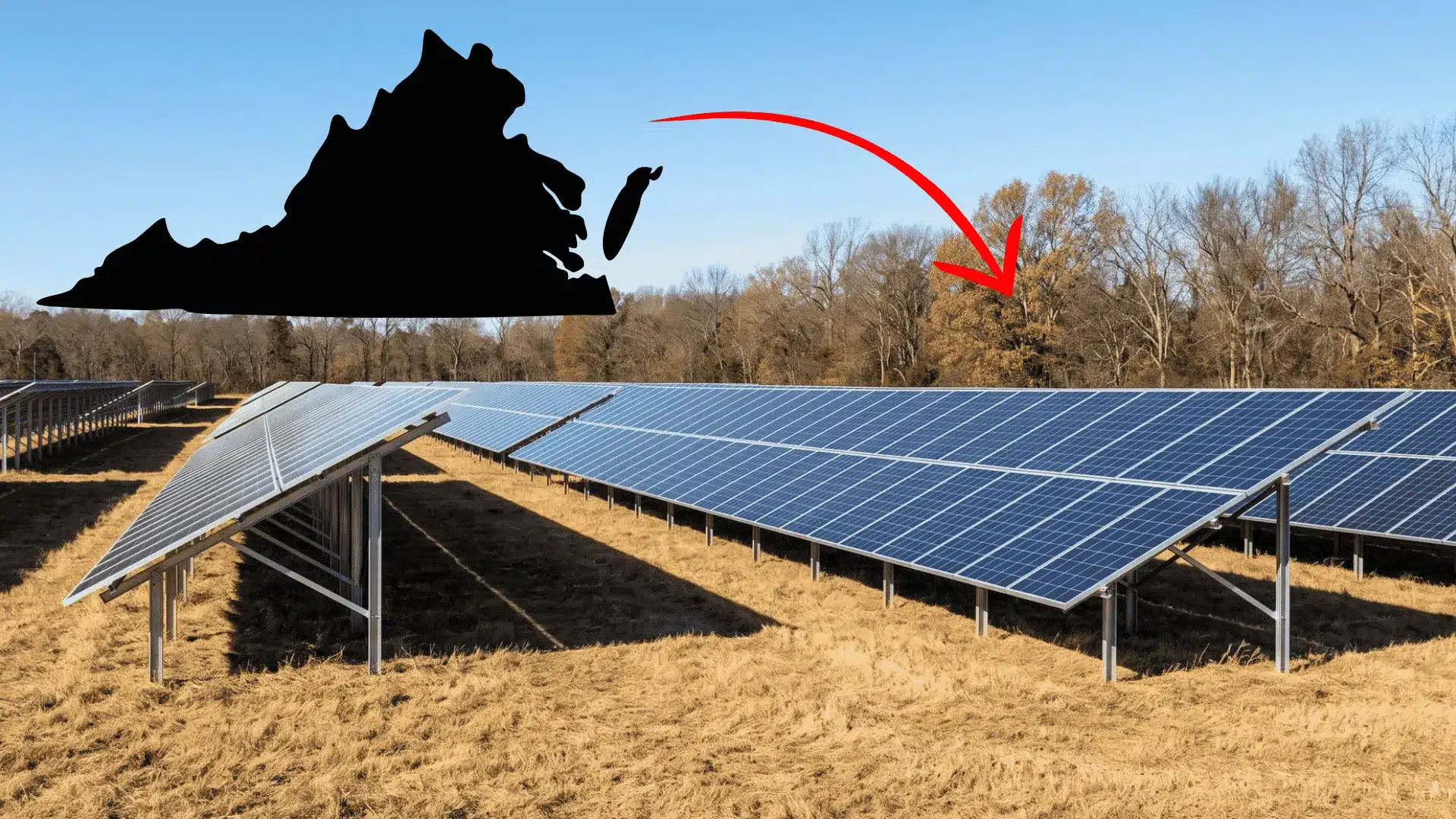 A large field of solar panel arrays under a clear blue sky, with a black silhouette map of Virginia in the top left.