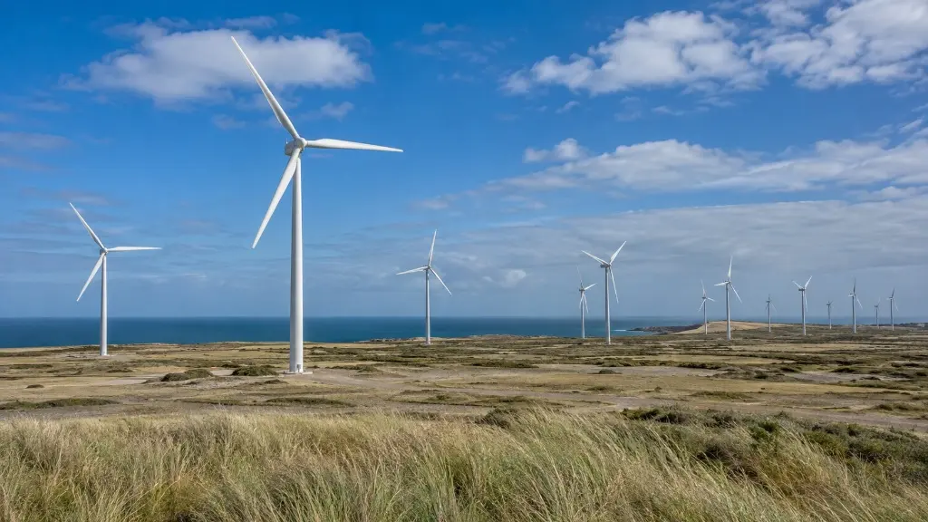 White wind turbines standing on grassy coastal landscape against a blue sky with clouds near the ocean